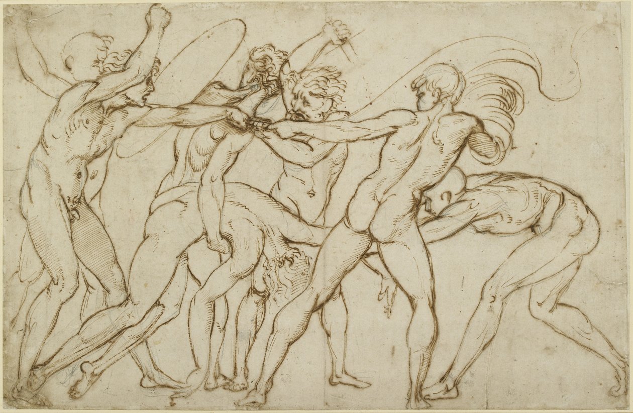 Sieben nackte Krieger kämpfen um ein Banner von Raffaello Sanzio Raphael