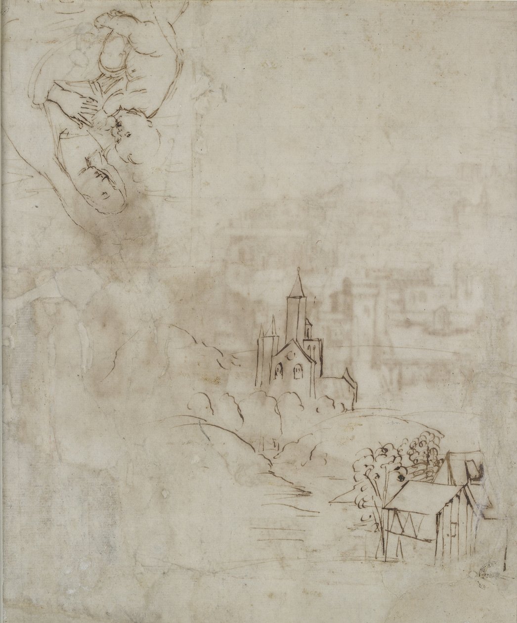 Verso: Leichte Skizze der Jungfrau, die das Christkind stillt, und eine andere einer Landschaft für die Pala Colonna, WA1846.10 von Raffaello Sanzio Raphael
