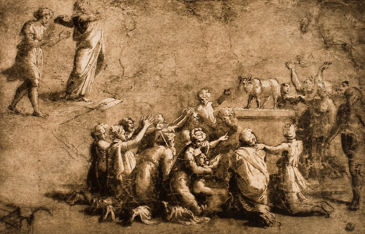 Anbetung des Goldenen Kalbs oder Moses zerbricht die Gesetzestafeln (Zeichnung von Raphael) von Raffaello Sanzio Raphael