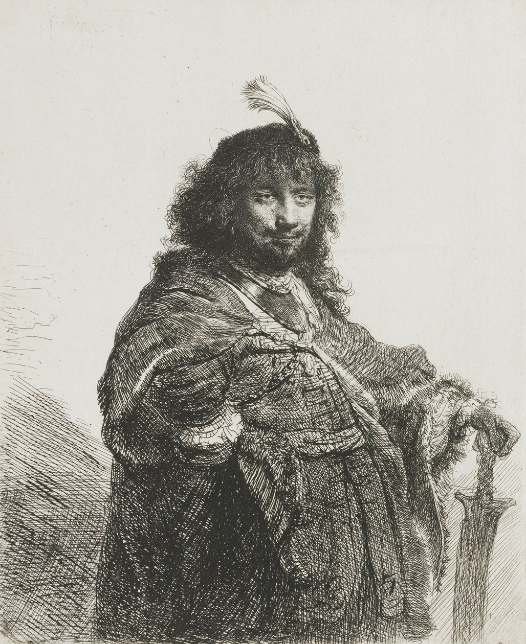 Selbstporträt(?) mit Federhut, Hand auf ein Schwert gestützt, 1634 von Rembrandt van Rijn