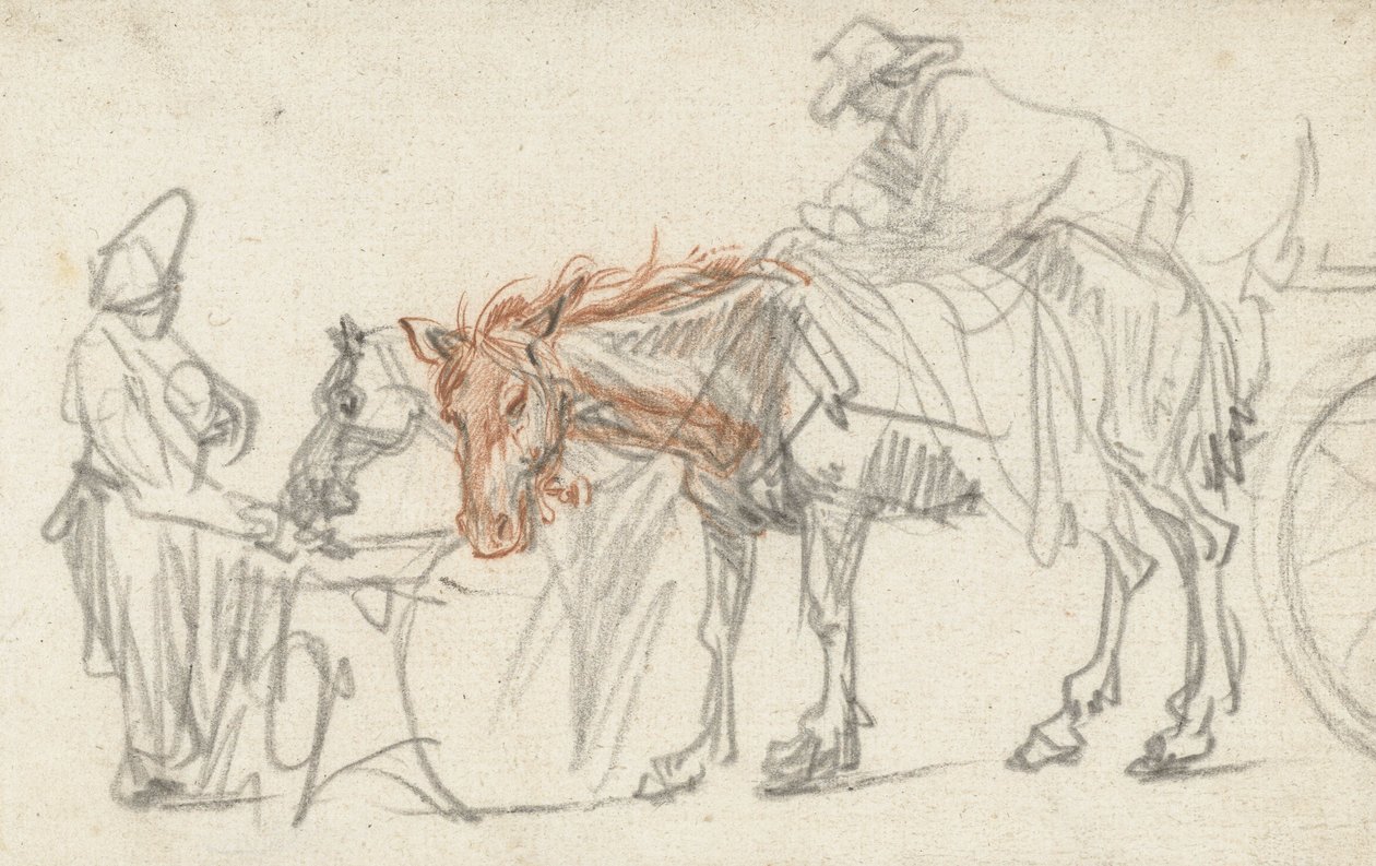 Zwei Pferde an einem Rastplatz, ca. 1637 von Rembrandt van Rijn