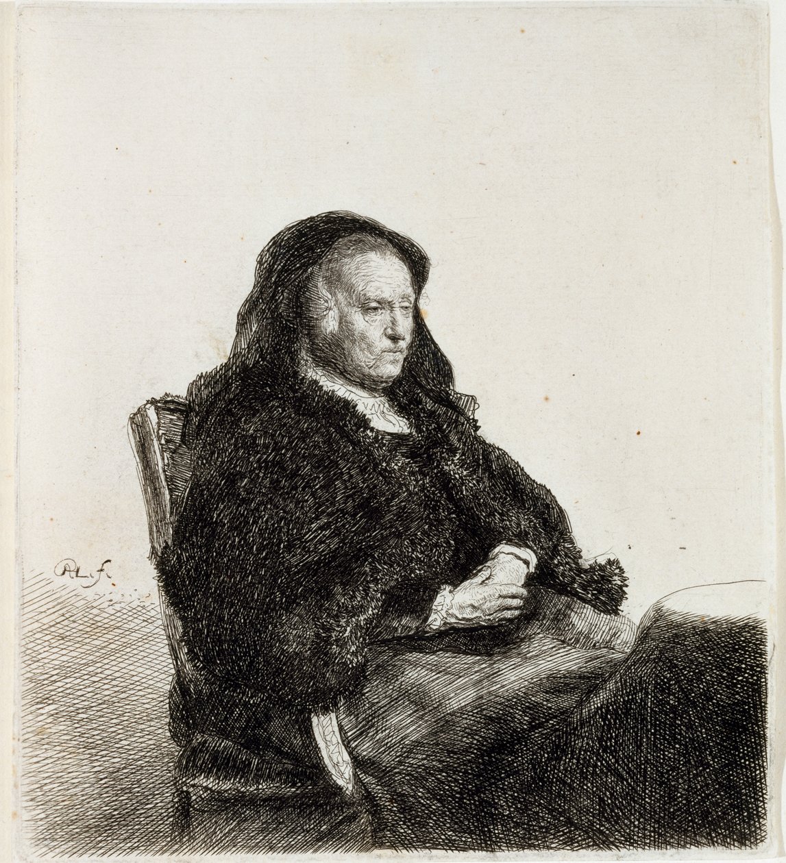 Die Mutter des Künstlers sitzt an einem Tisch, ca. 1631 von Rembrandt van Rijn