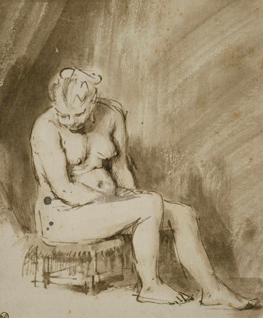 Nackte Frau, die auf einem Hocker sitzt von Rembrandt van Rijn