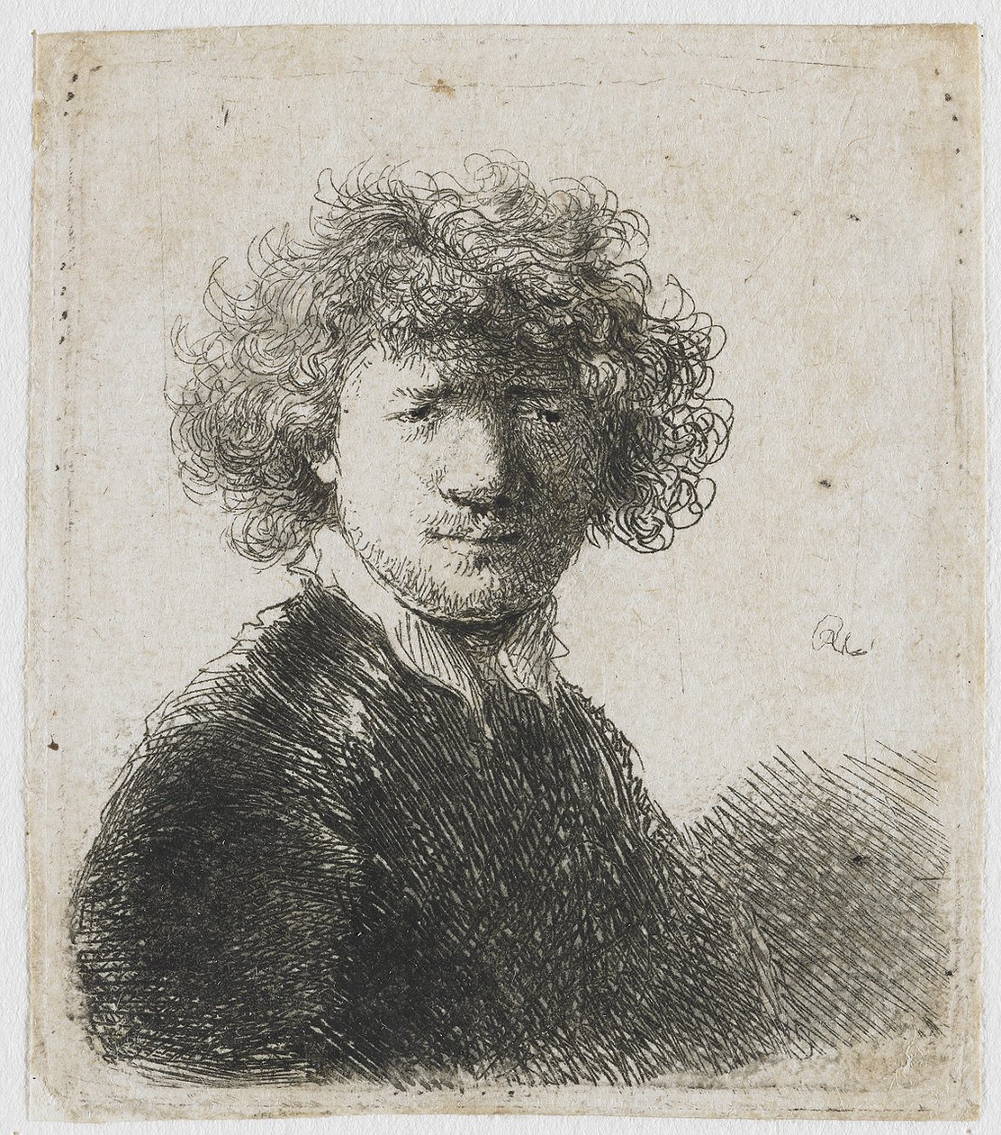 Selbstporträt mit lockigem Haar und weißem Kragen von Rembrandt van Rijn