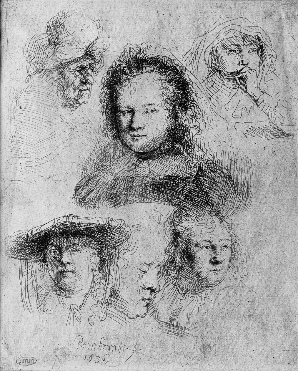 Sechs Köpfe mit Saskia van Uylenburgh im Zentrum von Rembrandt van Rijn