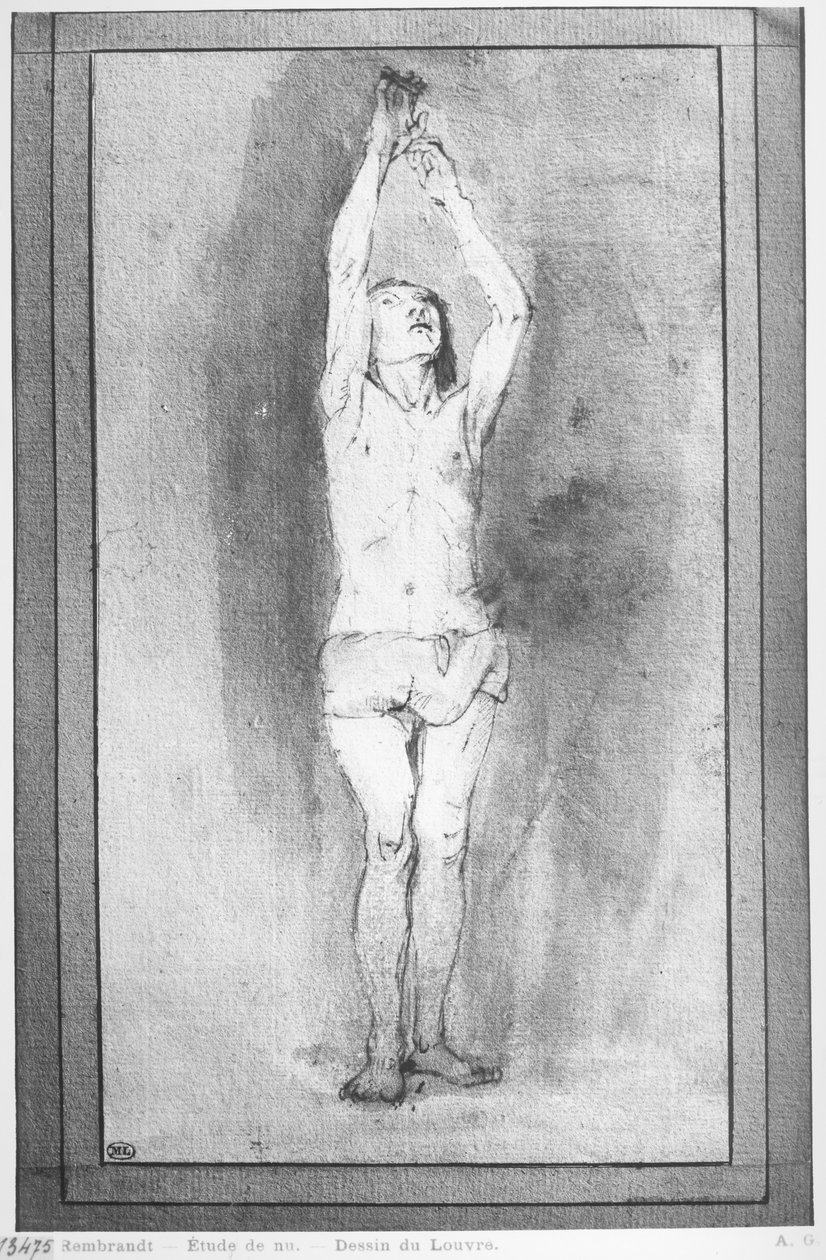 Junger Junge mit Lendenschurz, beide Hände an einer kleinen Stange hängend (Feder, braune Tinte und Waschung auf Papier) von Rembrandt van Rijn