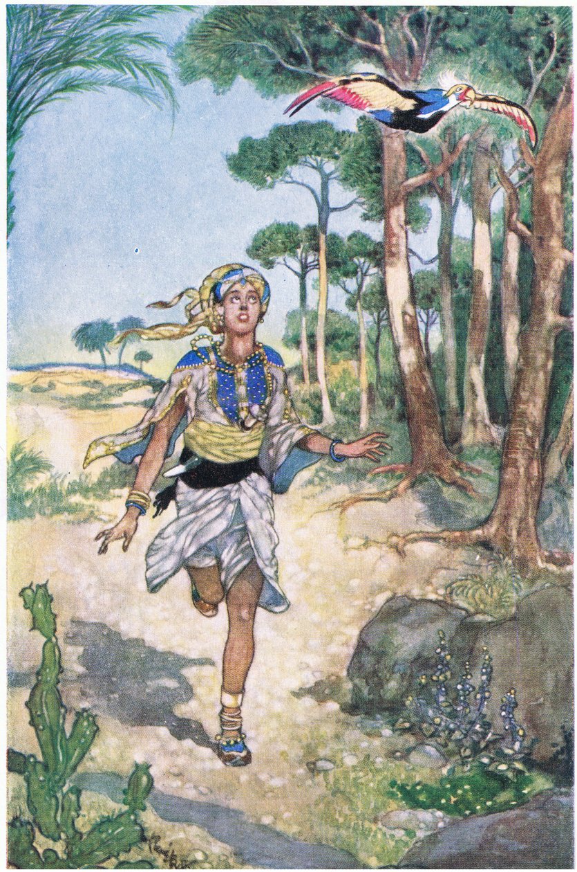 Am nächsten Morgen folgte er dem Vogel, wie er von Baum zu Baum flog, 1930er Jahre von René Bull