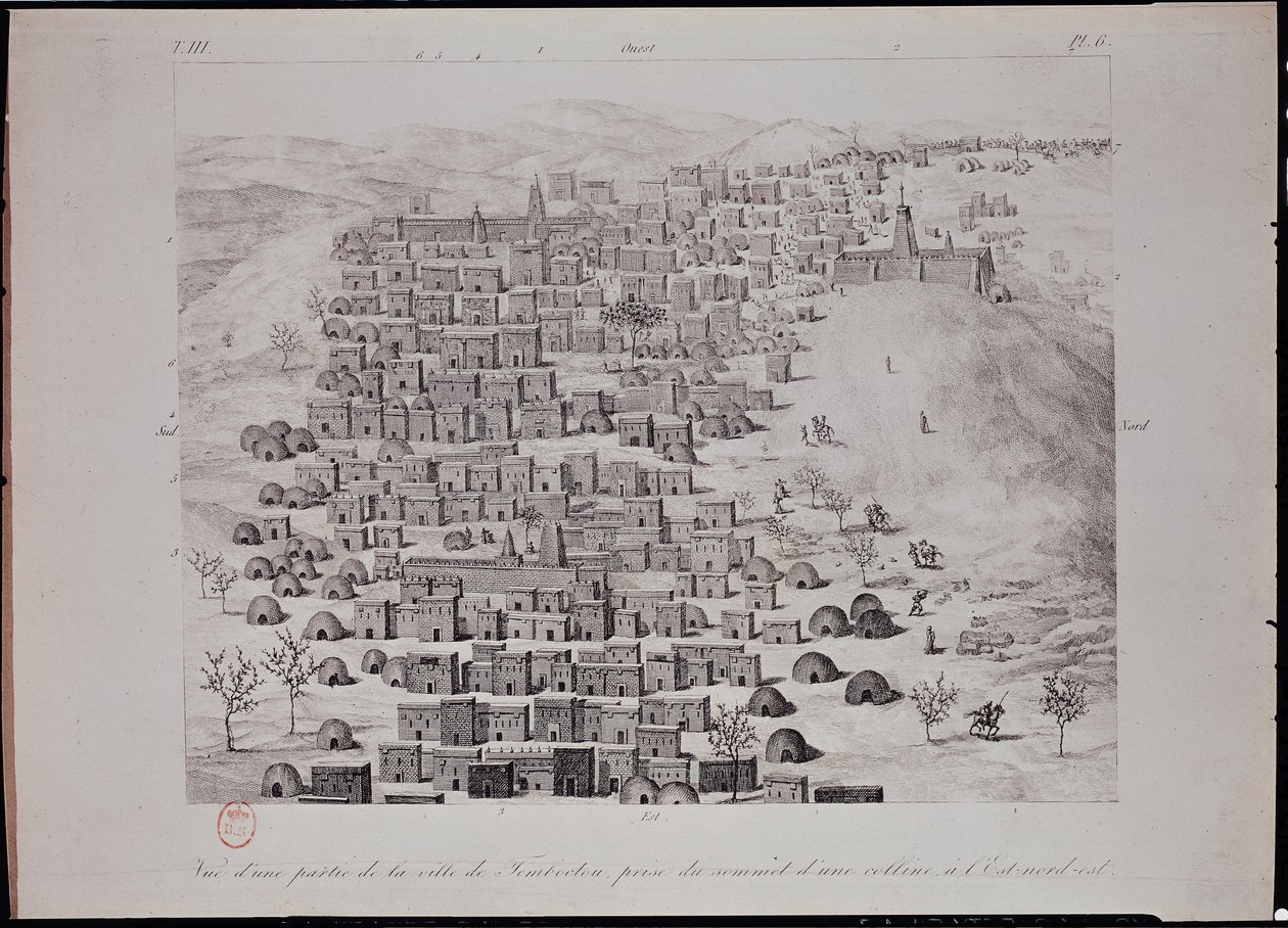 Ansicht eines Teils der Stadt Timbuktu von einem Hügel, Illustration aus 
