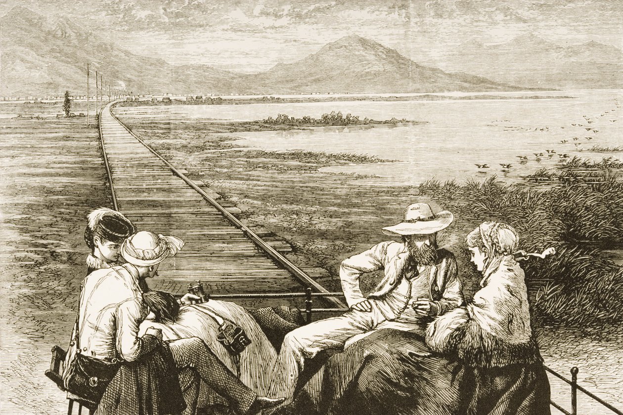 Ein Inspektionswagen auf der Pazifikbahn, der sich dem Großen Salzsee nähert, ca. 1880 von Reverend Samuel Manning