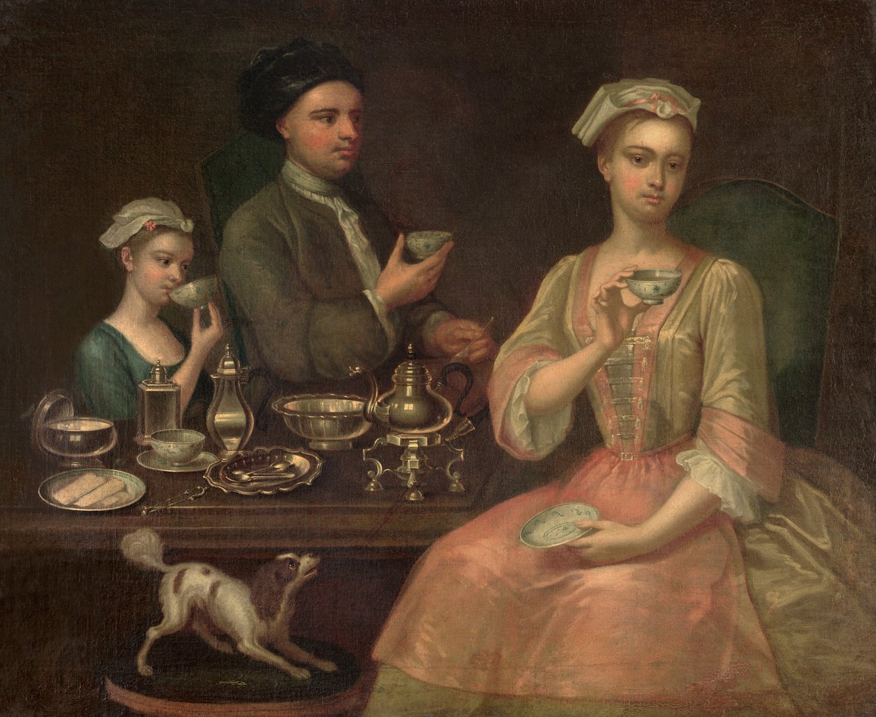 Eine Familie von drei Personen beim Tee, um 1727 von Richard Collins