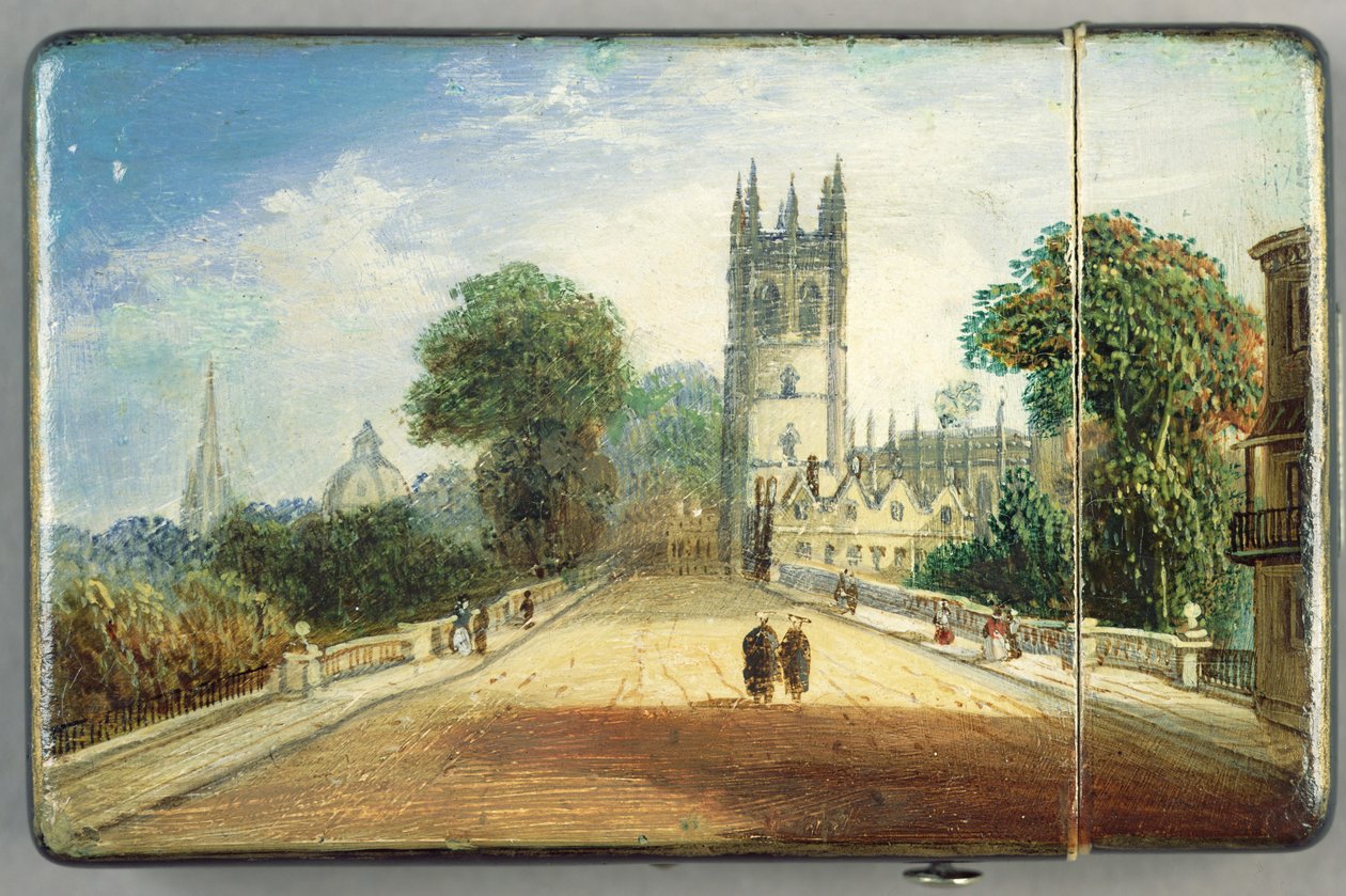 Viktorianisches Kartenetui, mit einer Szene des Magdalen College, Oxford von Richard Phene and Benjamin W. Spiers