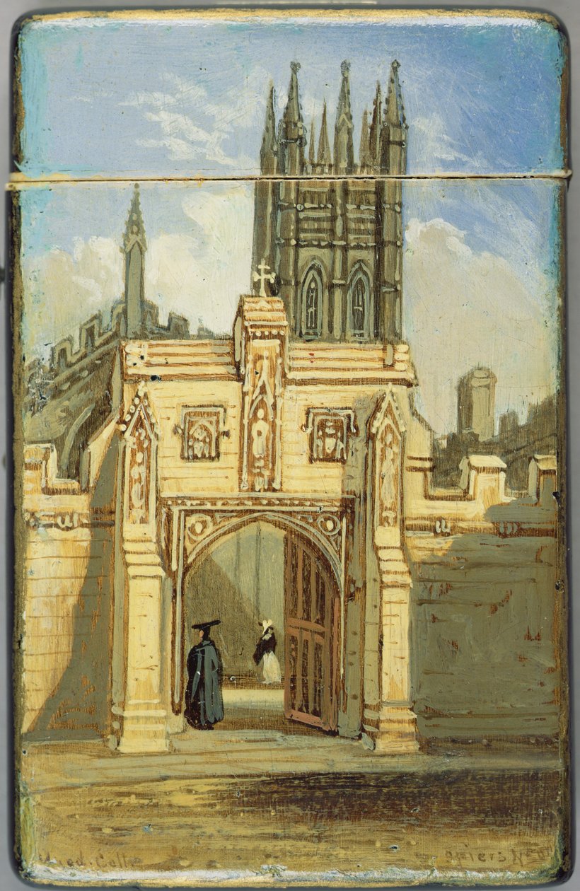 Viktorianisches Kartenetui, mit einer Szene des Magdalen College, Oxford von Richard Phene and Benjamin W. Spiers