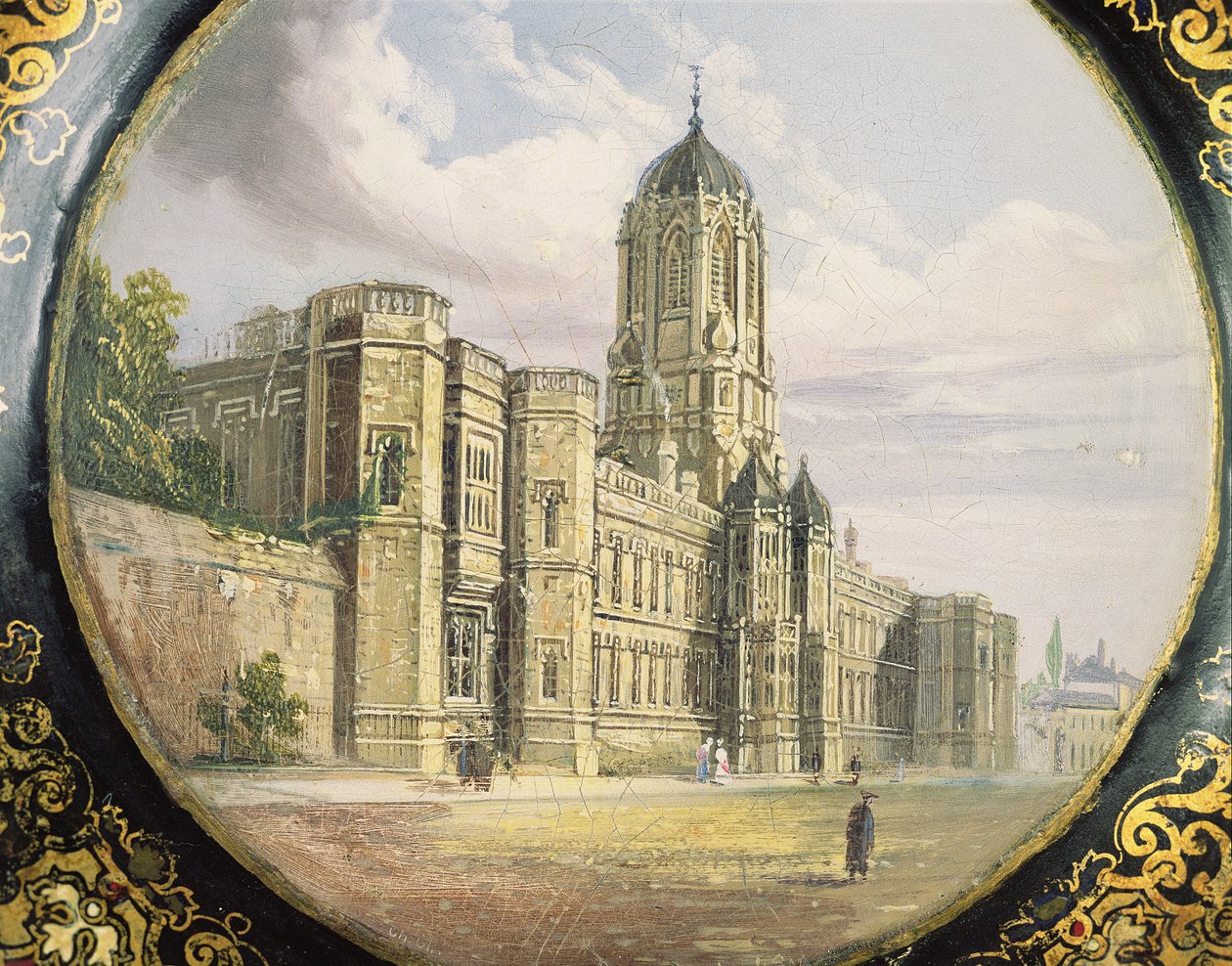 Viktorianisches Kartentablett dekoriert mit einer Szene der Christ Church, Oxford von Richard Phene and Benjamin W. Spiers