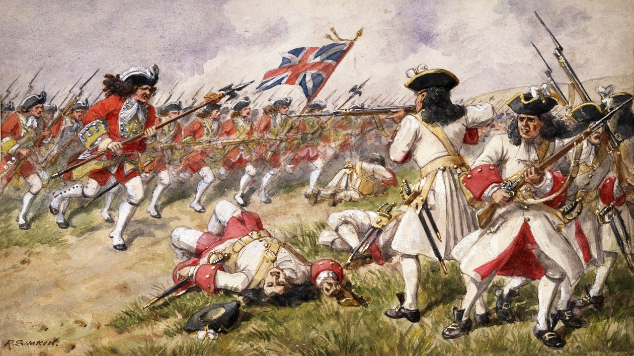 Die Schlacht von Ramillies, das 16. Fußregiment greift die französische Infanterie an, 1900 von Richard Simkin