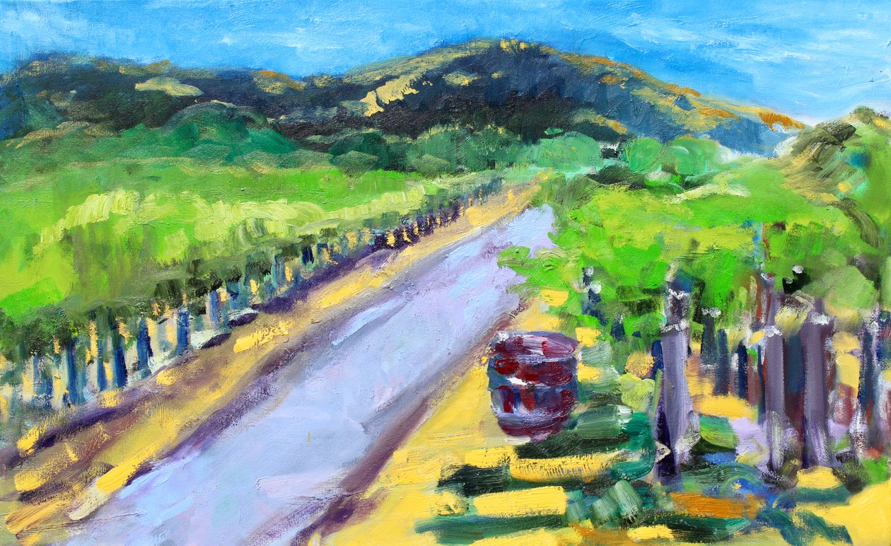 Weinberg mit Fass, Napa, 2019 von Richard Fox