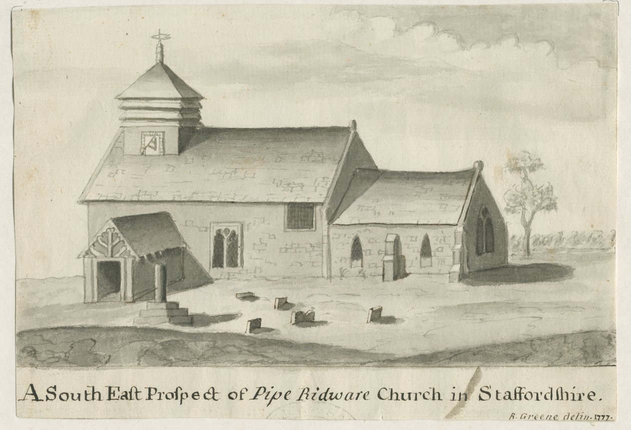 Pipe Ridware Kirche: Sepiazeichnung, 1777 von Richard Greene