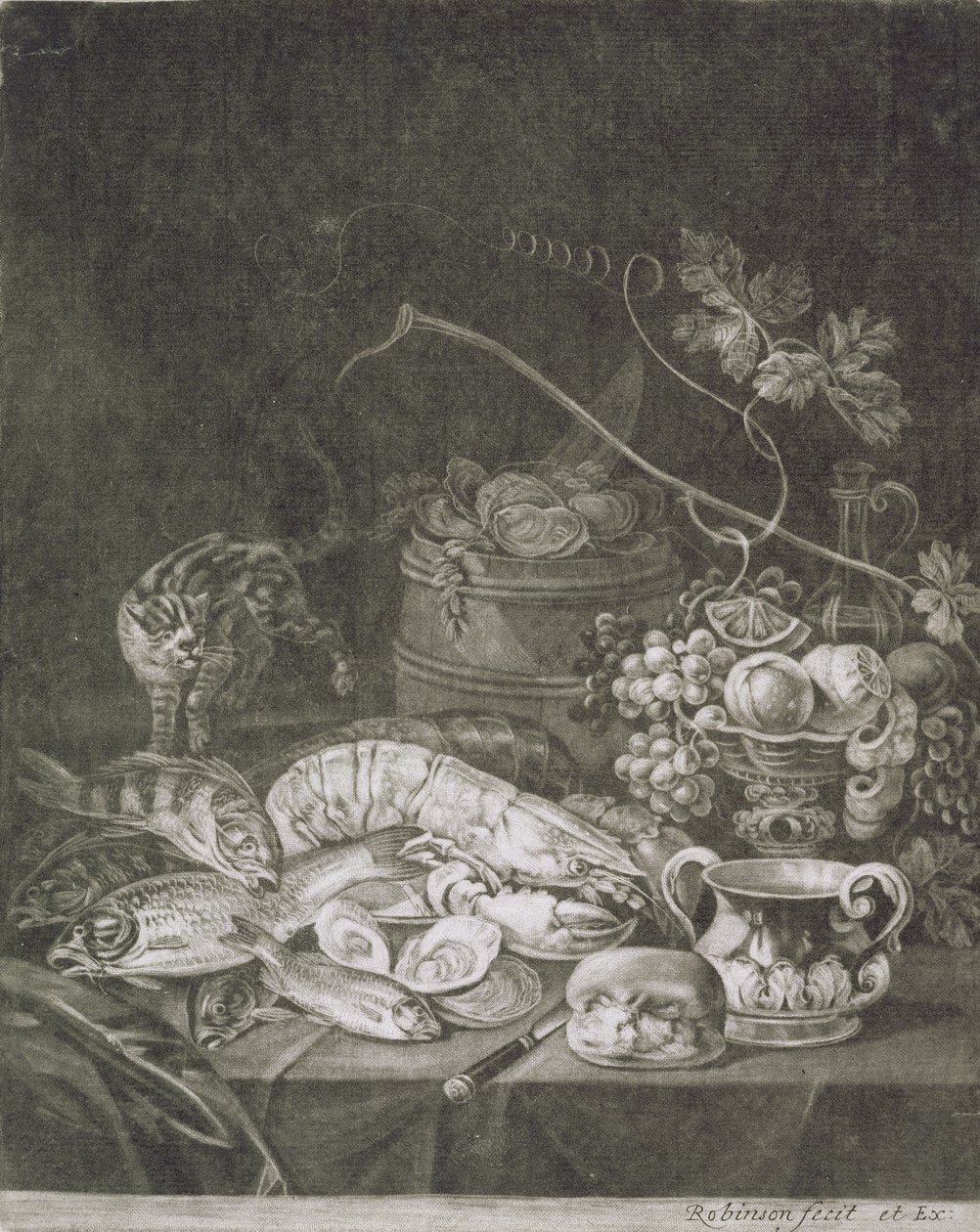 Bankettstück mit Hummern, Fisch und Katze von Robert Robinson