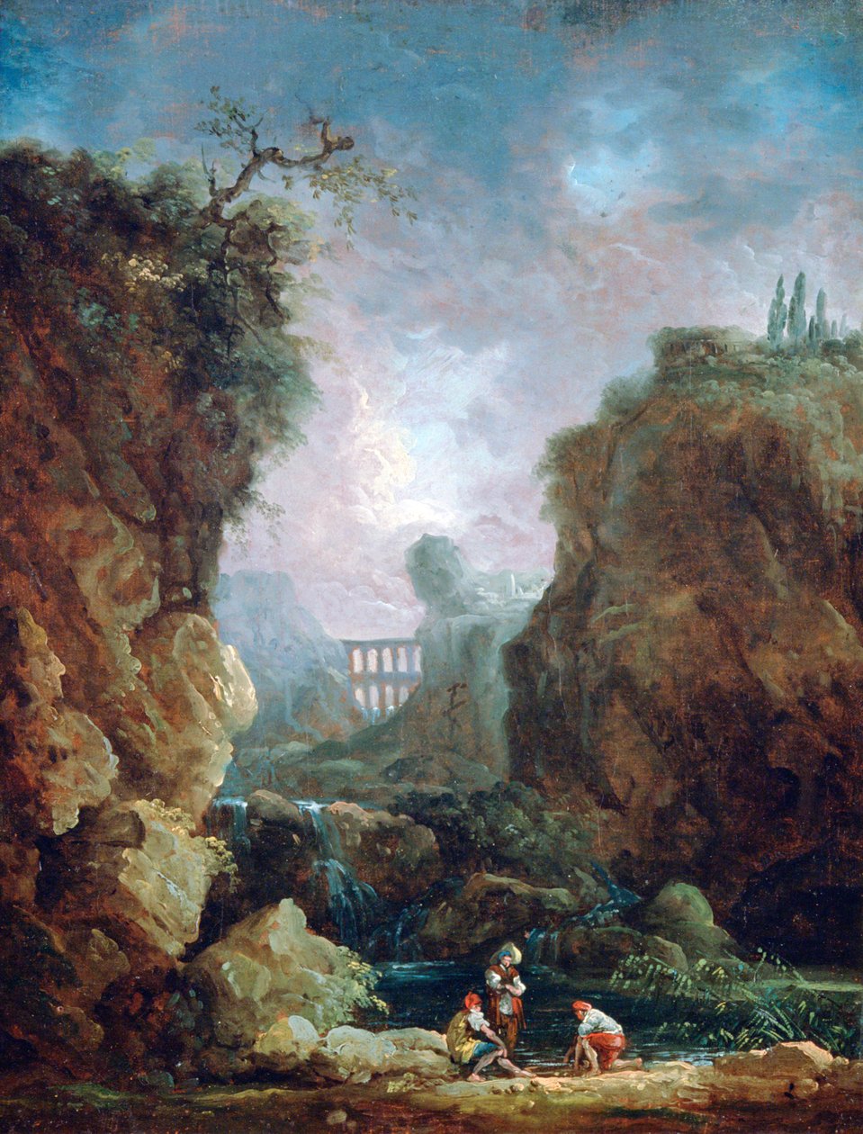 Landschaft mit Wasserfall und Aquädukt von Robert Hubert
