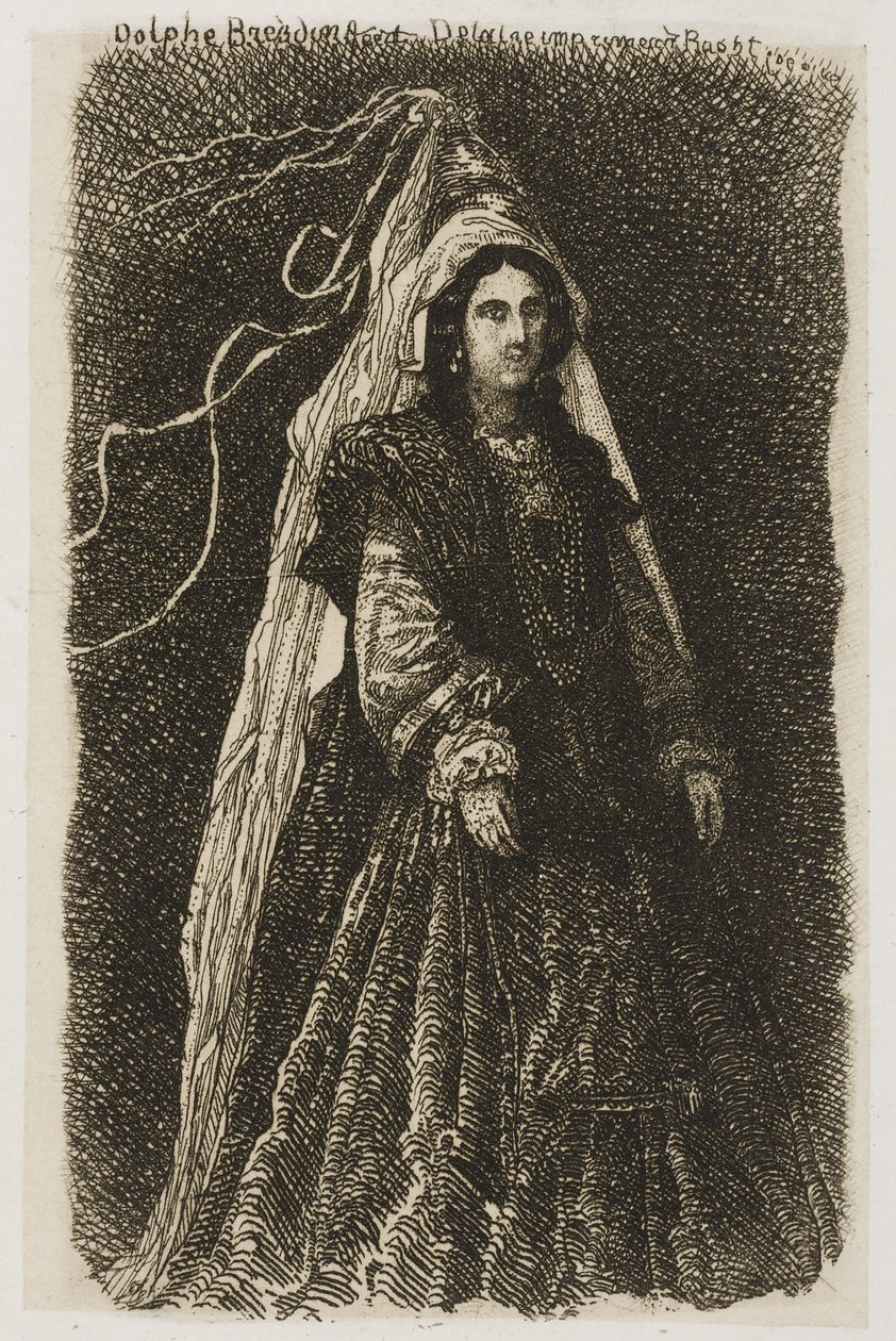 Frau in fantastischem mittelalterlichem Kostüm von Rodolphe Bresdin