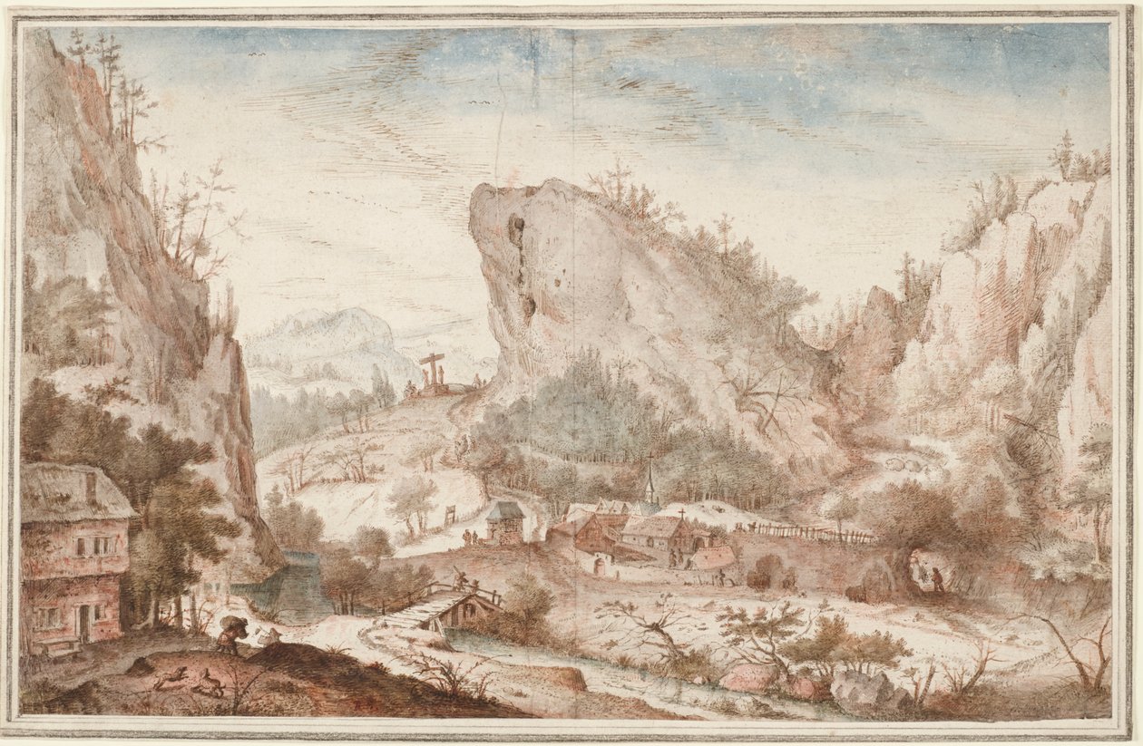 Alpine Landschaft mit Reisenden in der Nähe eines Dorfes von Roelant Savery