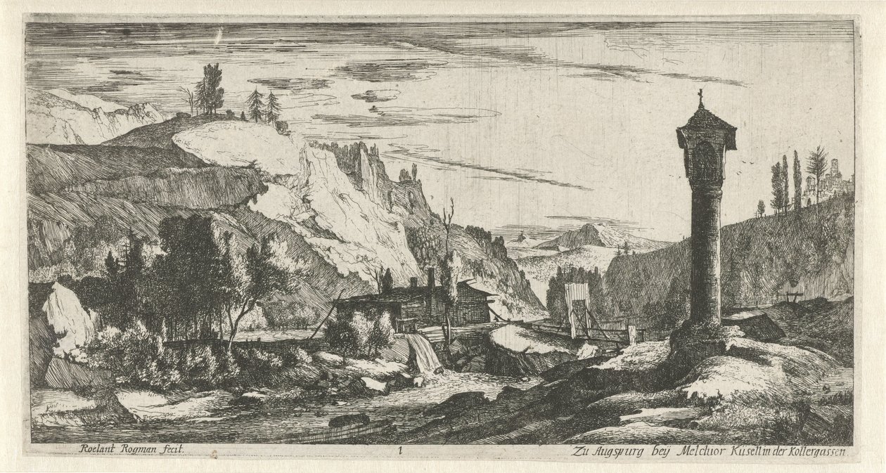 Berglandschaft mit Säule von Roelant Roghman