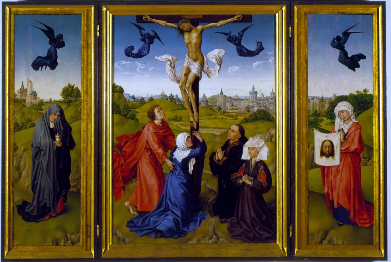 Kreuzigungstriptychon mit hl. Maria Magdalena, hl. Veronika und unbekannten Stiftern, ca. 1440-45 von Rogier van der Weyden