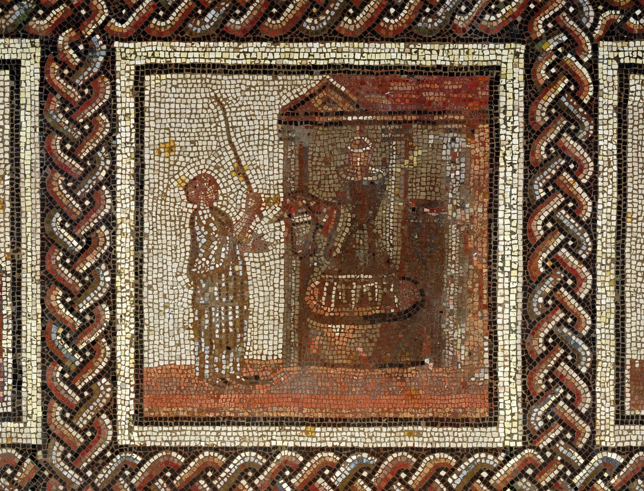 Ein Mühlstein, der von einem Esel gedreht wird, aus Saint-Romain-en-Gal (Mosaik) von Roman