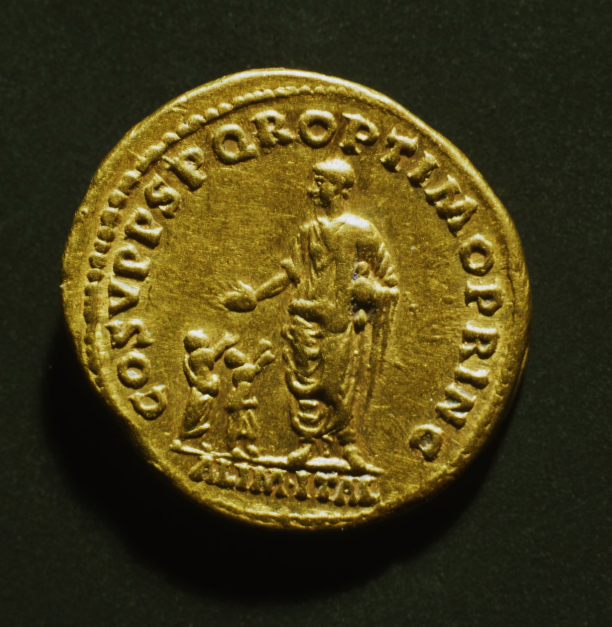 Aureus zur Erinnerung an Trajans Verteilung von Lebensmitteln an arme Kinder, 107 n. Chr. (Gold) von Roman
