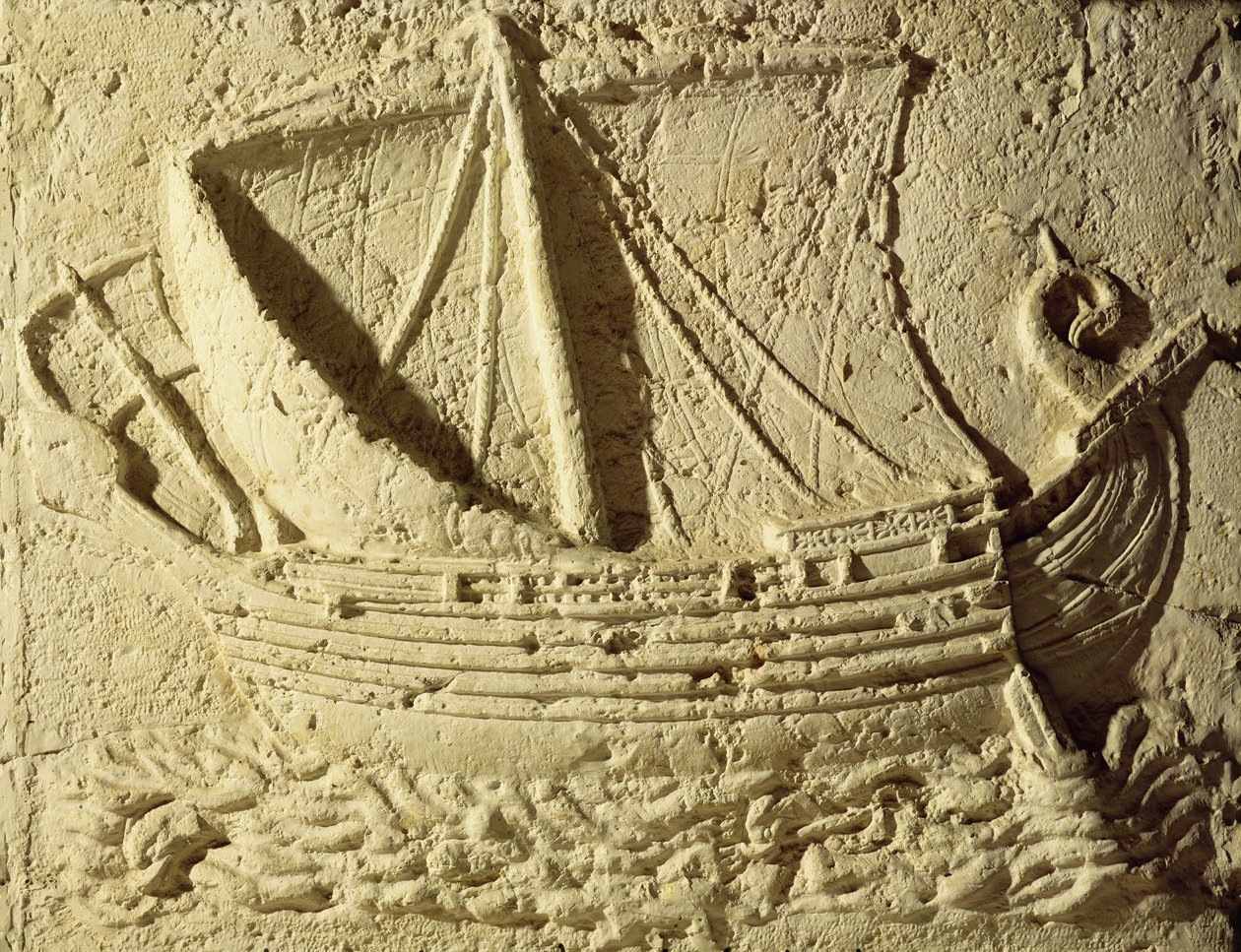Detail eines Reliefs eines Bootes, von einem Sarkophag von Roman