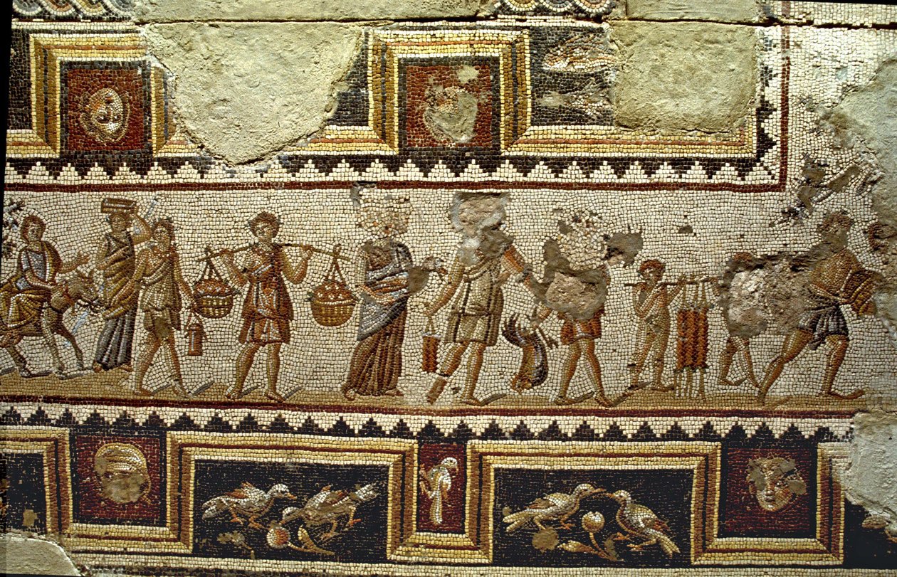 Auf dem Weg zum Markt, Detail eines Mosaikbodens, Tzippori von Roman