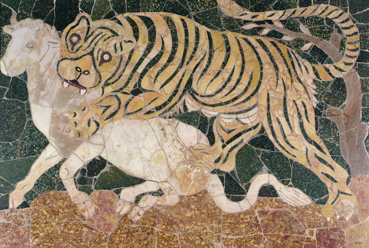 Tafel, die einen Tigerangriff darstellt von Roman