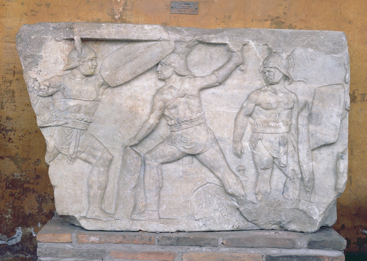 Relief, das Gladiatoren im Kampf darstellt (Marmor) von Roman