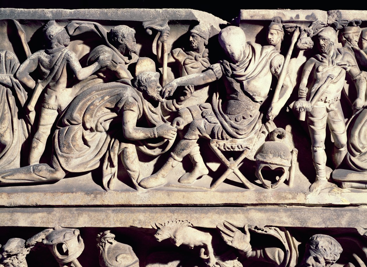 Relief von einem Sarkophag, das die Unterwerfung eines Barbaren durch einen römischen General darstellt von Roman