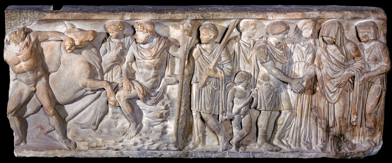 Sarkophag, der Jason und den feuerspeienden Stier in Kolchis darstellt, 753-476 v. Chr. (Marmor) von Roman