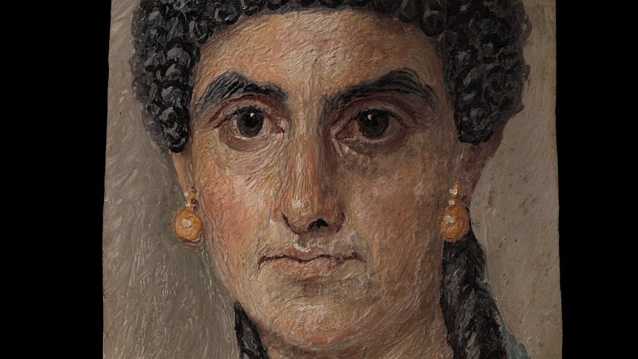 Tafelbild einer Frau in einem blauen Mantel, 54-68 n. Chr. (Enkaustik auf Holz) von Roman Roman