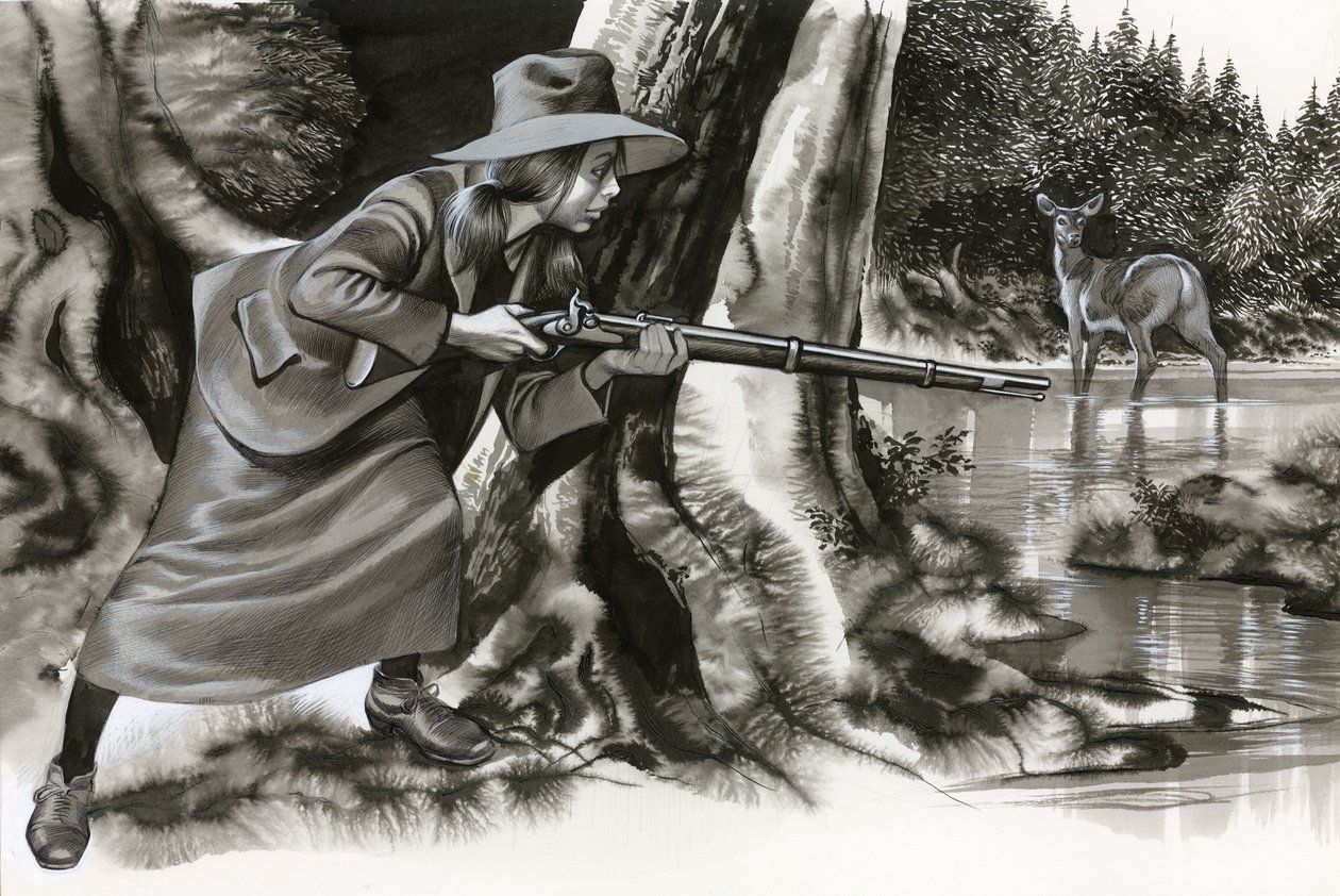 Annie Oakley schießt auf einen Hirsch von Ron Embleton