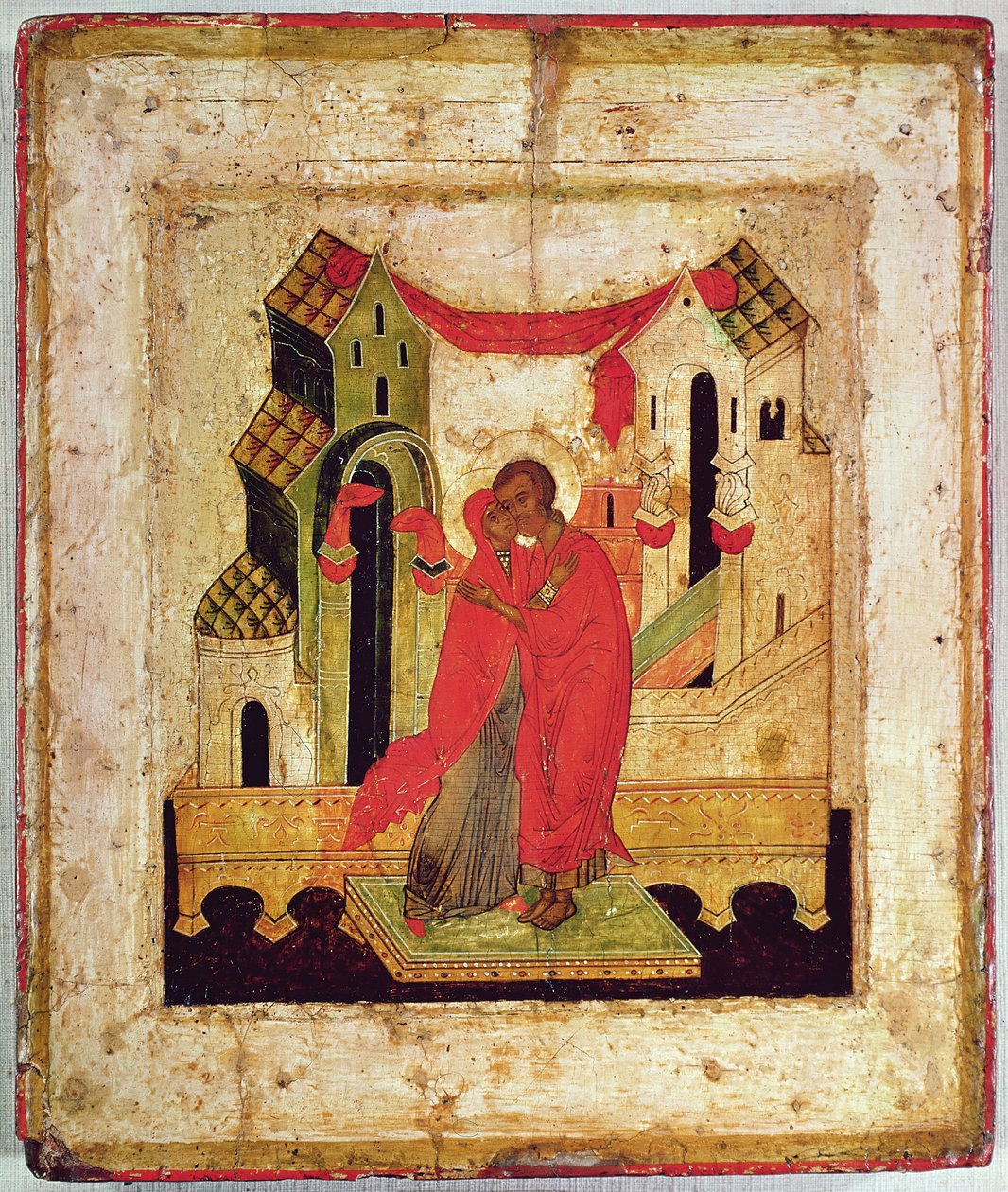 Ikone, die das Treffen am Goldenen Tor darstellt, Nowgoroder Schule von Russian School
