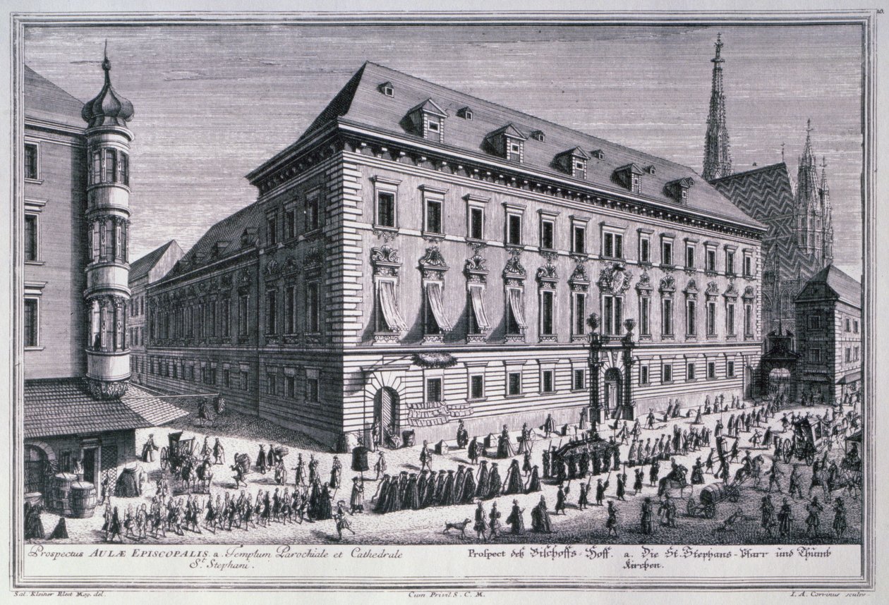 Ansicht eines Trauerzugs mit dem Stephansdom im Hintergrund, graviert von Johann-August Corvinus (1683-1738) von Salomon after Kleiner