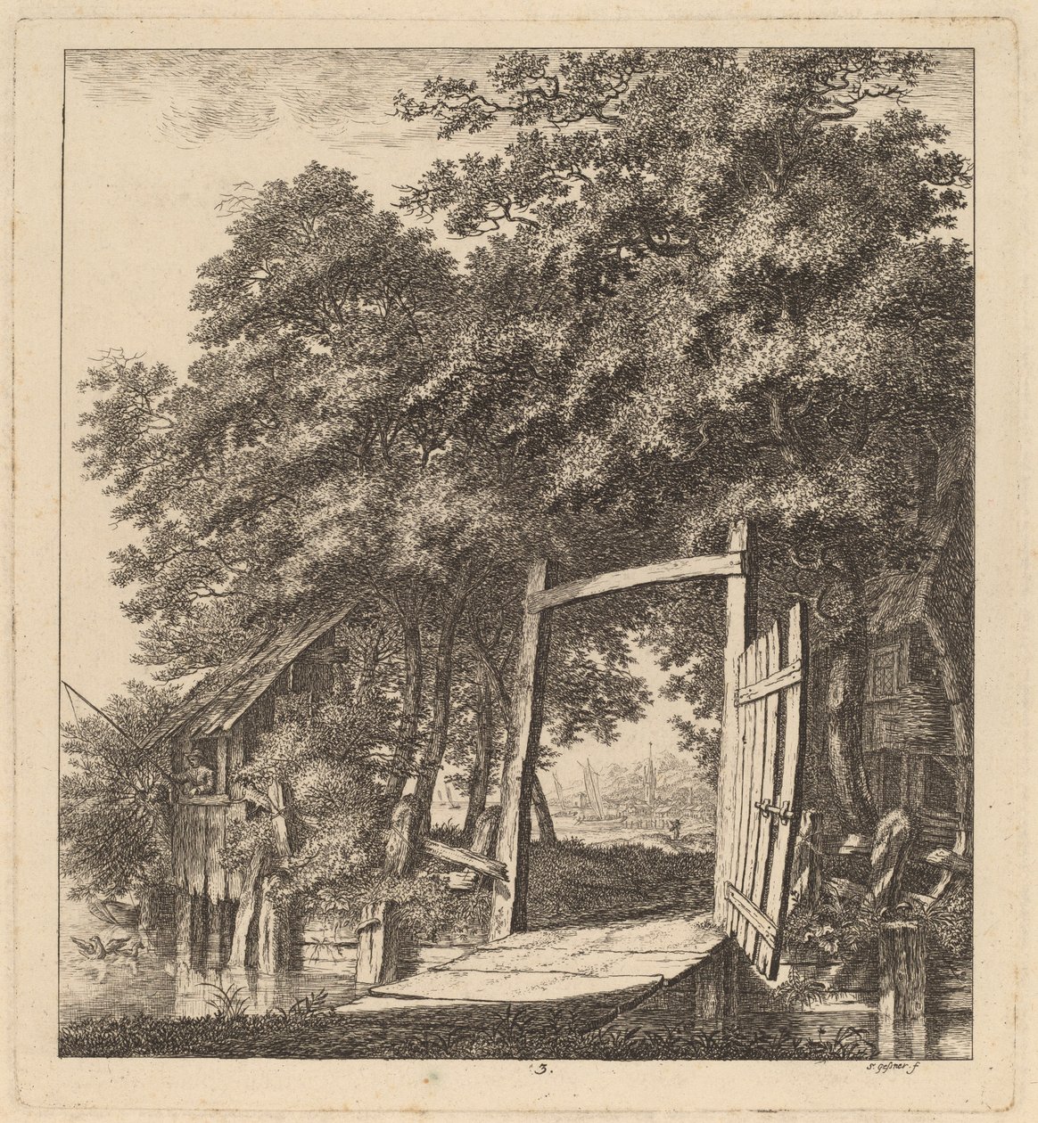 Ein rustikales Tor neben einem See, 1764 von Salomon Gessner