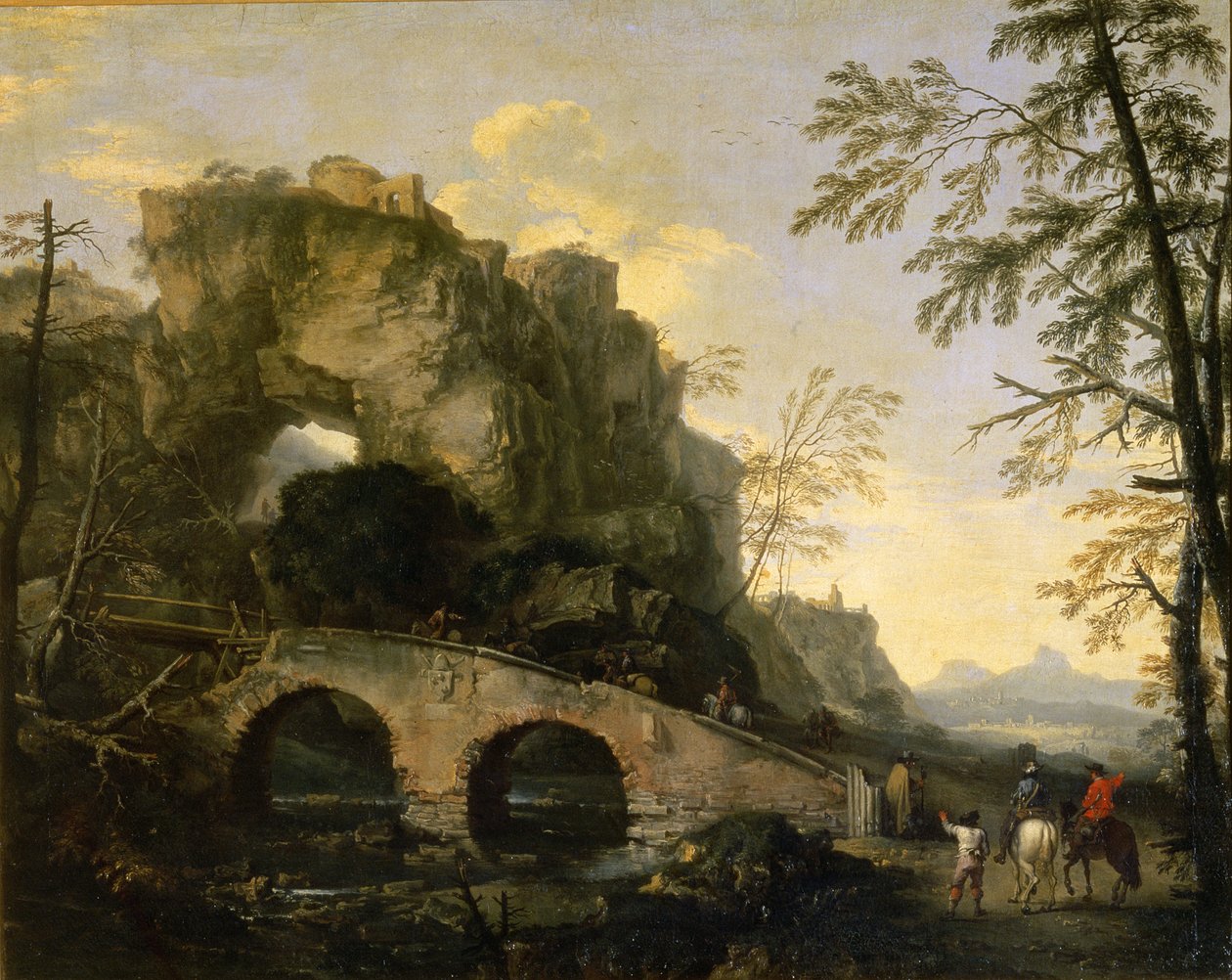 Landschaft mit einer baufälligen Brücke von Salvator Rosa