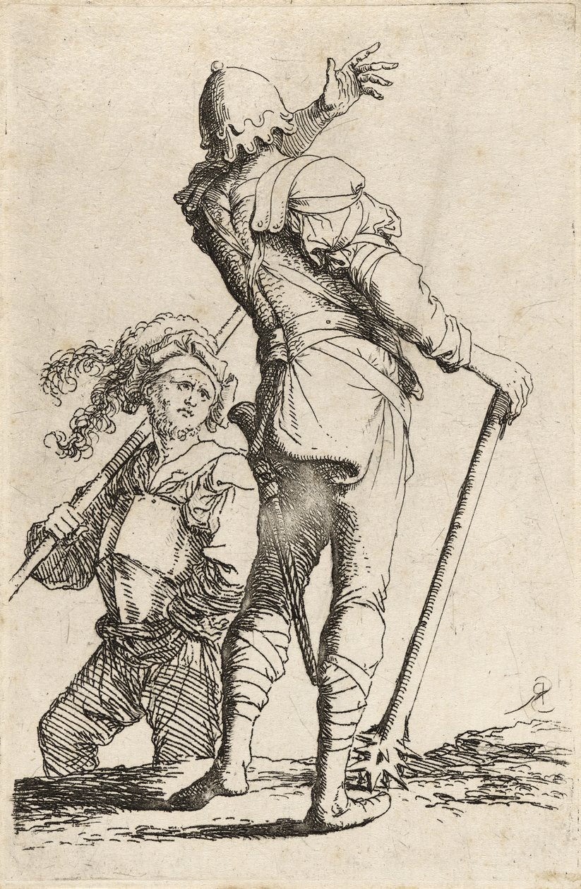 Zwei Krieger, einer hält eine Keule und winkt dem anderen, ca. 1656-57 von Salvator Rosa