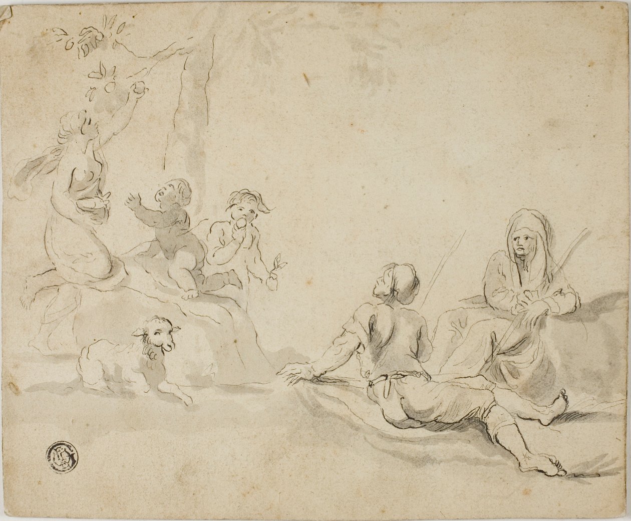 Apfelernter und ruhende Hirten von Salvator Rosa