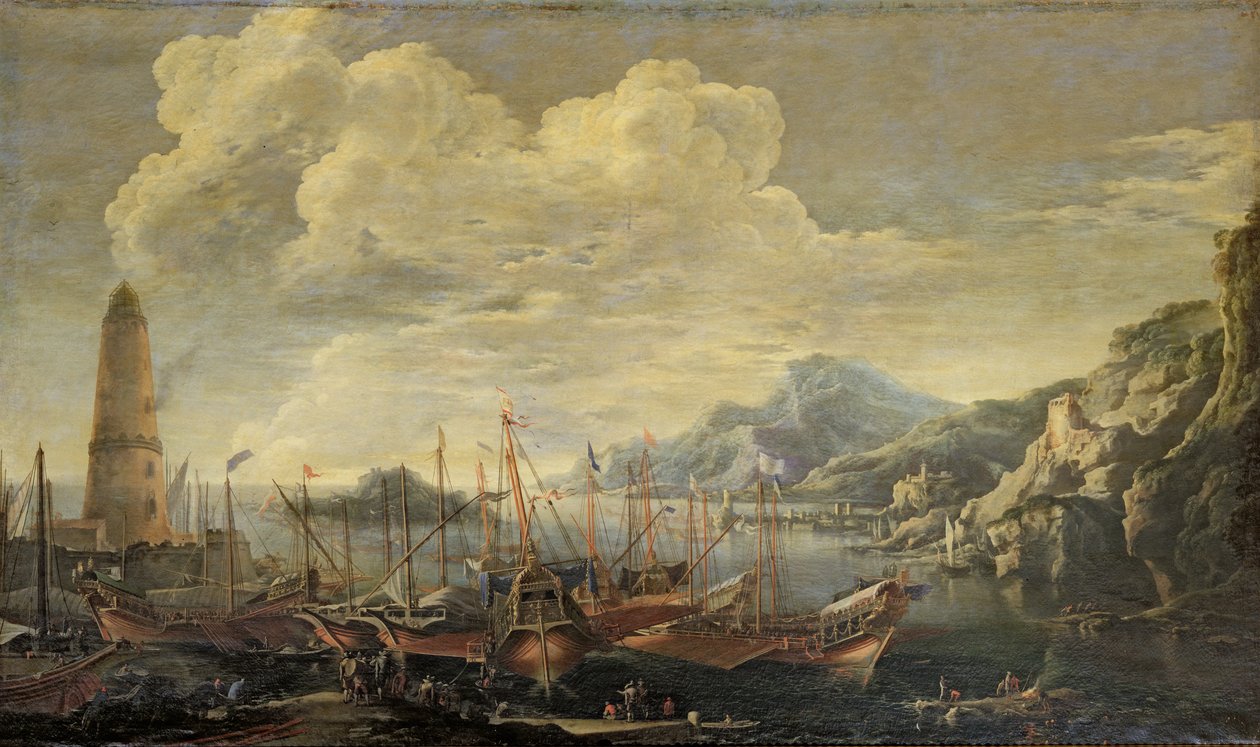 Hafen mit Leuchtturm und Schiffen von Salvator Rosa