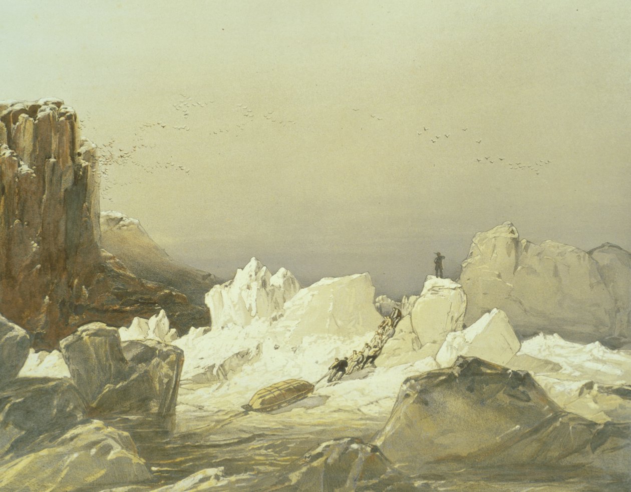 Schlittenfahrt über buckeliges Eis, April 1853, graviert von William Simpson, veröffentlicht von Ackermann und Co., 1854 von Samuel Gurney Cresswell