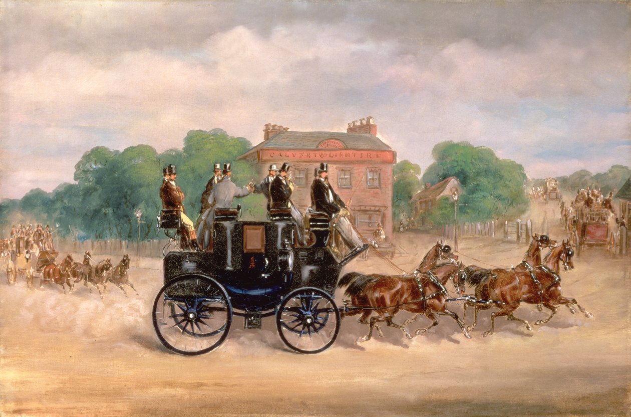 Drags des Four-in-Hand Clubs passieren die Five Bells Tavern, New Cross von Samuel Henry Alken