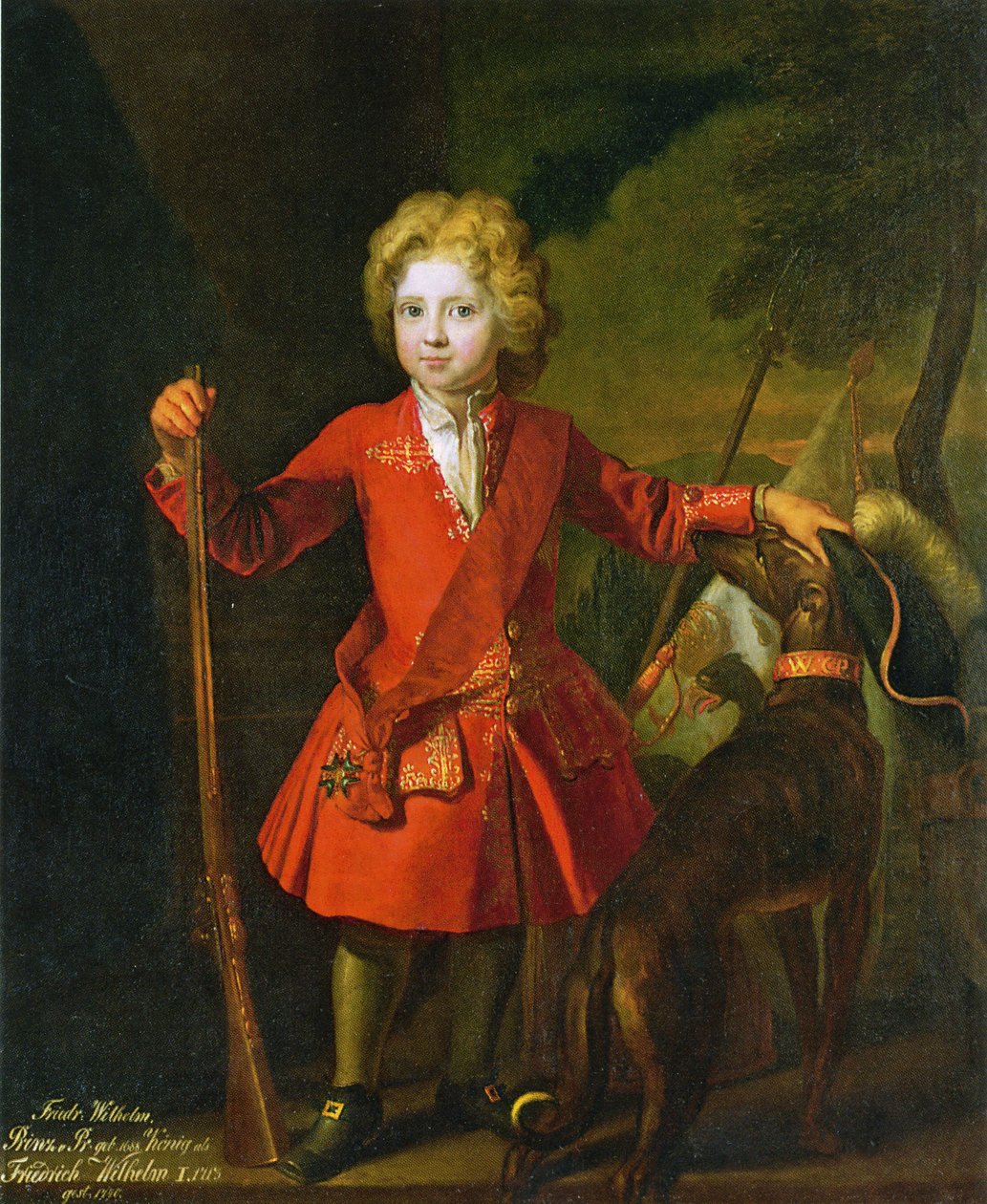 Friedrich Wilhelm I. von Preußen als Kind in einem roten Jagdrock und mit dem Orden des Schwarzen Adlers auf einer Schärpe von Samuel Theodor Gericke