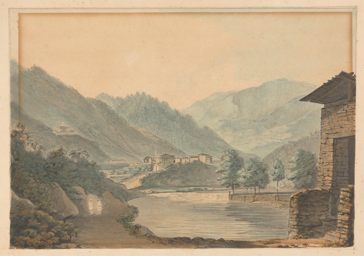 Gebirgsszene mit Gebäuden und Fluss von Samuel Davis