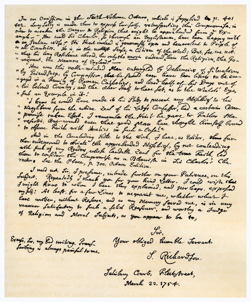 Brief von Samuel Richardson, 22. März 1754 von Samuel Richardson