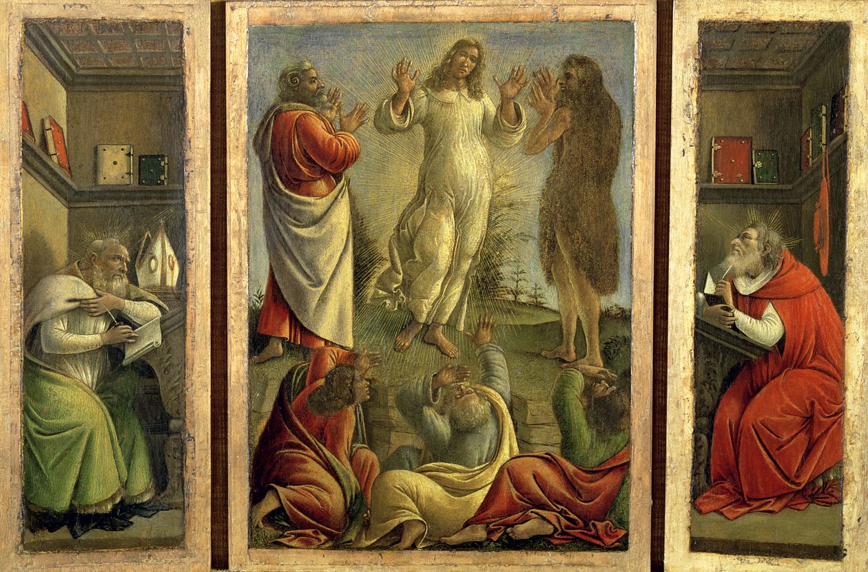 Triptychon, das die Verklärung zeigt, Jesus erscheint seinen Jüngern mit den Heiligen Hieronymus und Augustinus auf den Seitenflügeln, ca. 1500 von Sandro Botticelli