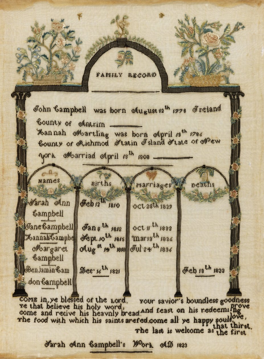 Familienstammbuch-Stickerei von Sarah Ann Campbell